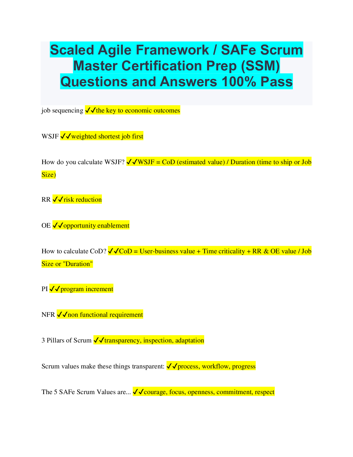 Preview of Scaled Agile Framework / SAFe Scrum Master Certification Prep (SSM) Questions and Answers